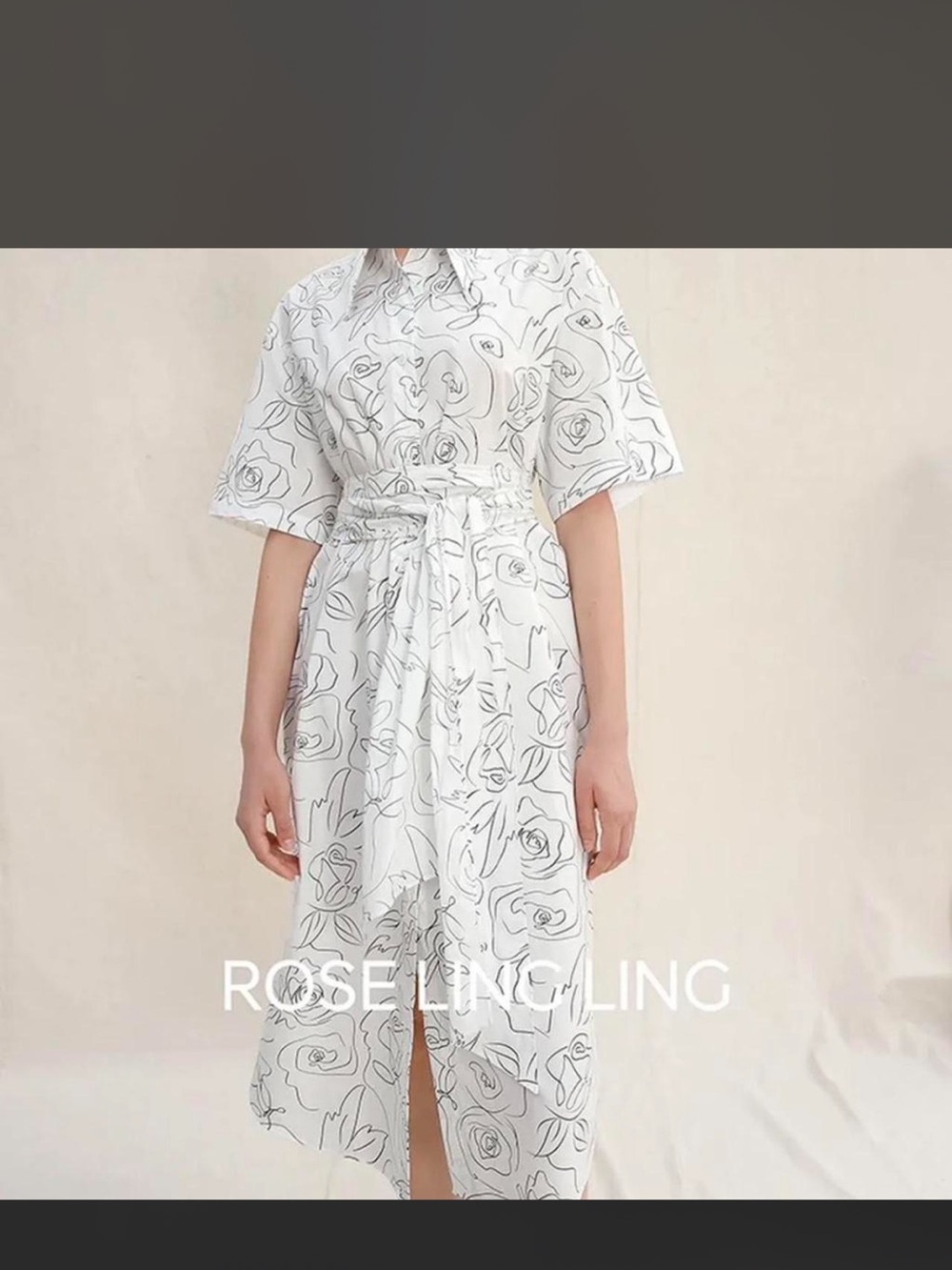 Roseling ling White Floral Midi Shirt Dress with Waist Tie